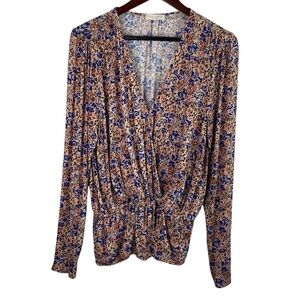 Ramy Brook | Cream Tan Blue Print Surplice Neck Peplum Blouse